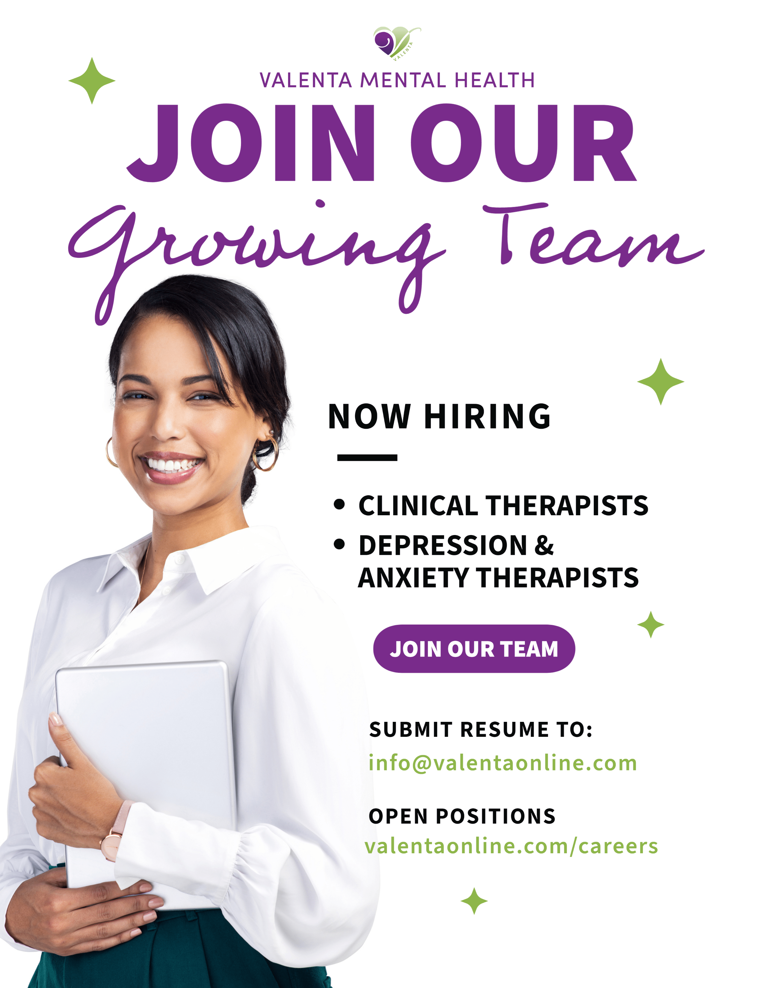 Valenta Mental Health hiring depression therapists, anxiety therapists, clinical therapists, eating disorder therapists, social workers in Rancho, Inland Empire California